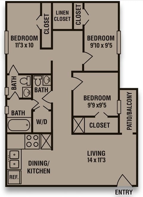 Floor plan for 3 beds, 1.5 baths, 973 sqft